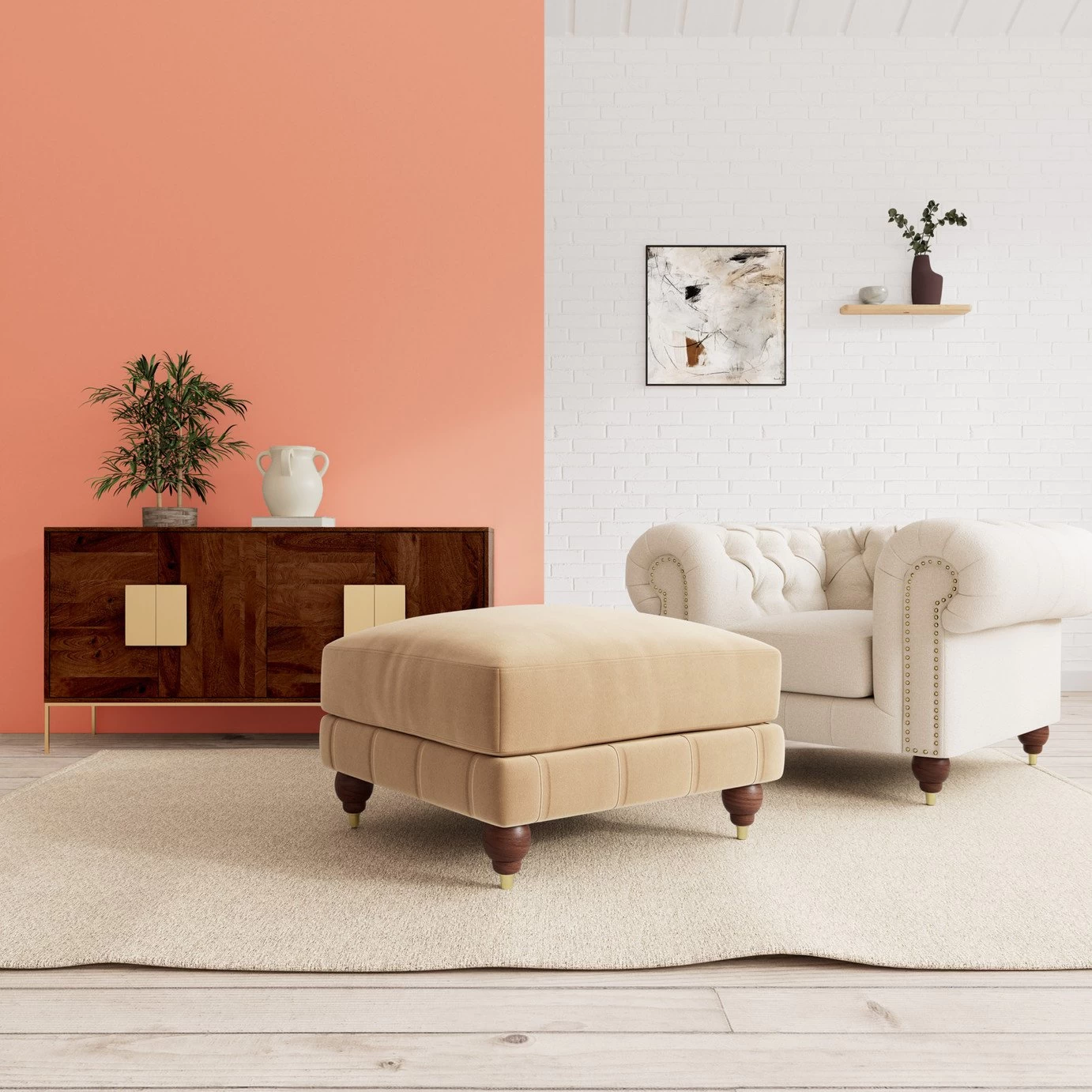 Swoon Winston Velvet Ottoman Footstool - Biscuit - Image 2