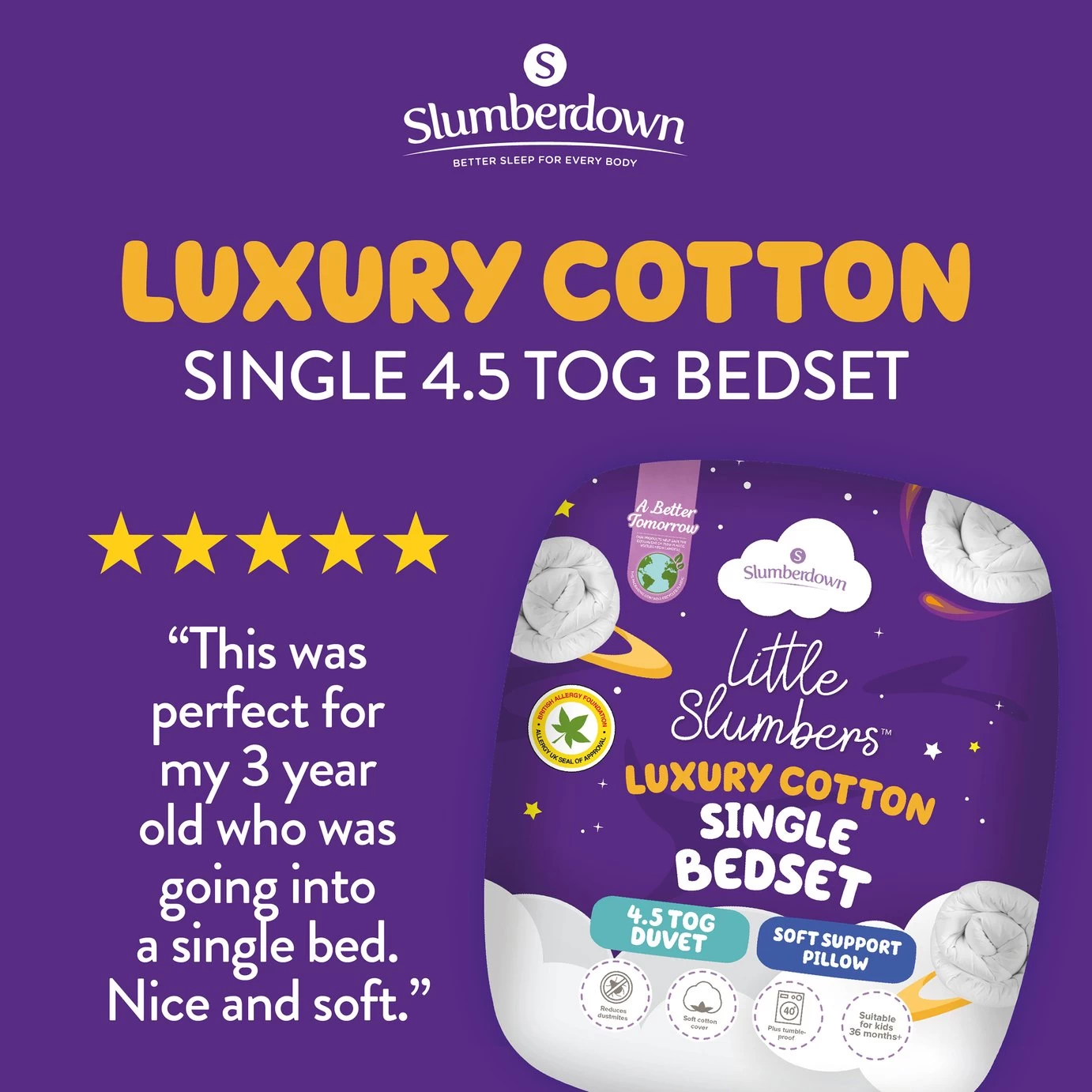 Slumberdown Luxury Cotton 4.5Tog Kids Duvet & Pillow –Single - Image 2